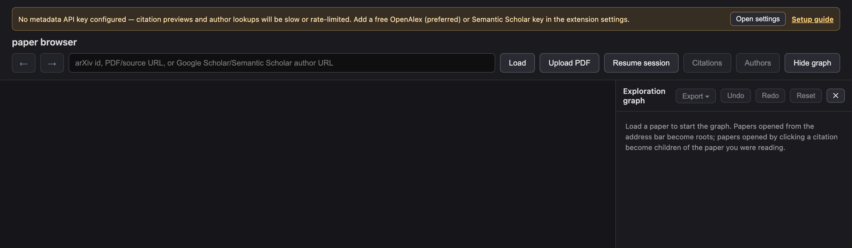 Paper Browser viewer showing a warning banner: No metadata API key configured — citation previews and author lookups will be slow or rate-limited.
