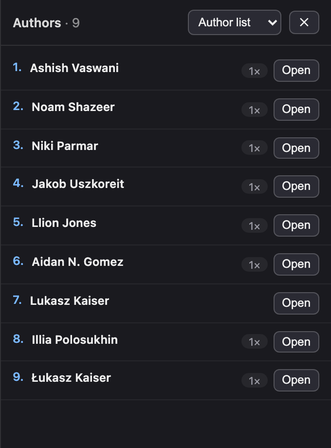 The Authors panel listing the paper's authors with Open buttons.