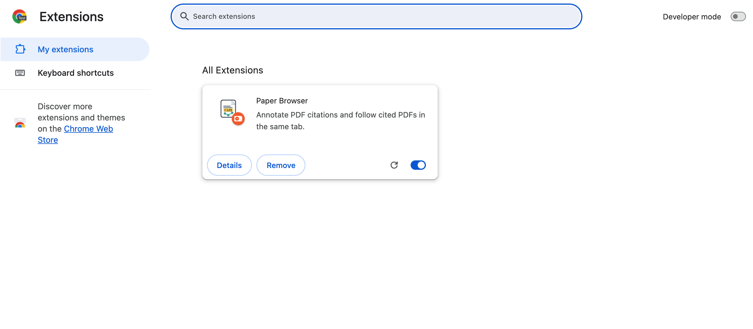 Chrome's Manage Extensions page with the Paper Browser extension card and its Details button.