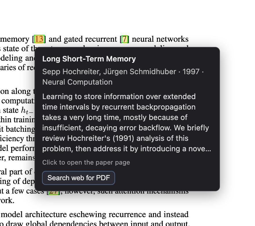 Hover preview over the citation marker [13] showing the Long Short-Term Memory paper's title, authors, year, venue, and abstract.