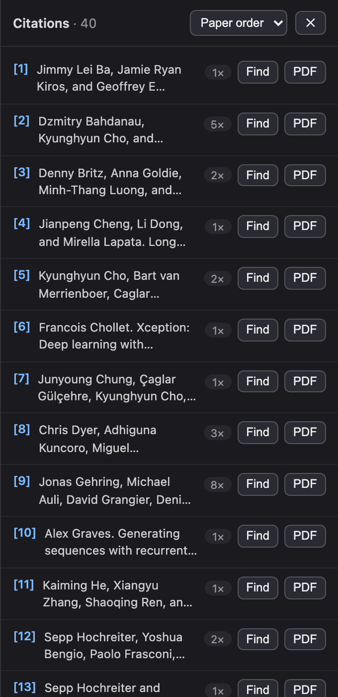 The Citations panel listing parsed references with Find and PDF buttons for each entry.