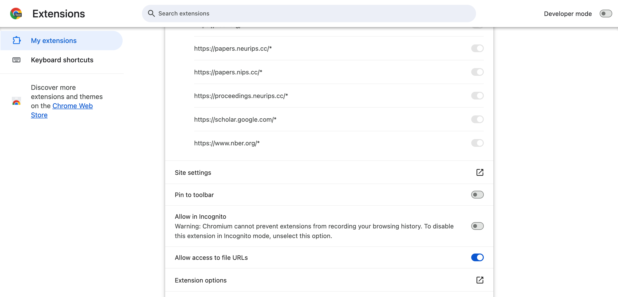 Paper Browser's extension details page scrolled to the Extension options row.