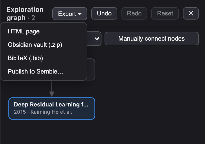 The graph panel's Export menu with options: HTML page, Obsidian vault (.zip), BibTeX (.bib), and Publish to Semble.