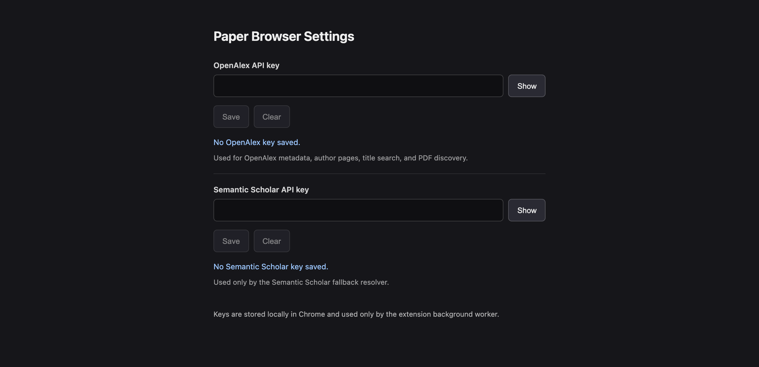 Paper Browser settings page with fields for an OpenAlex API key and a Semantic Scholar API key.