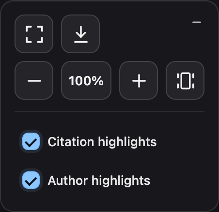 Floating PDF controls: fullscreen and download icons, zoom out, editable percentage field, zoom in, fit page, and highlight toggles.