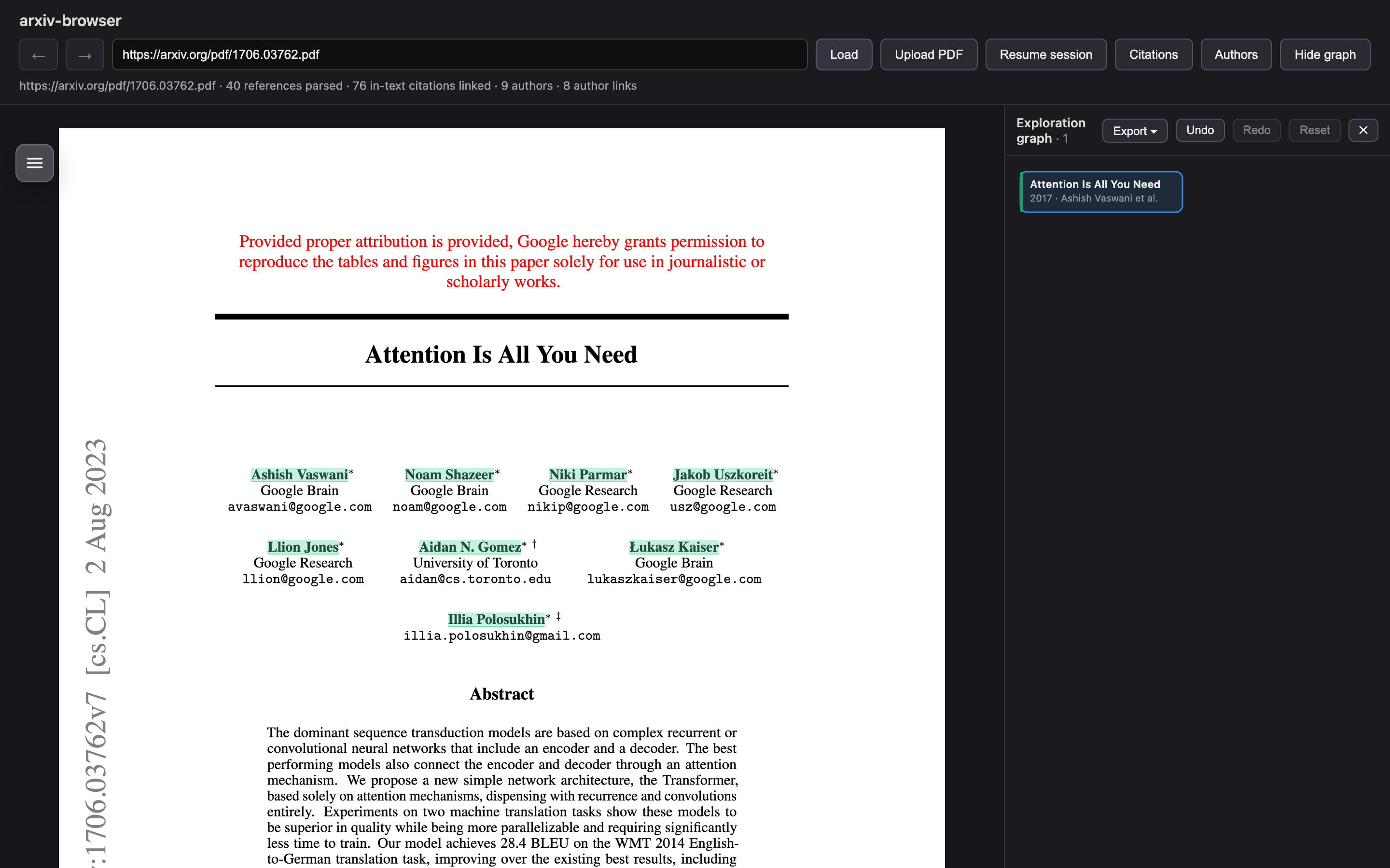 The Paper Browser viewer showing an annotated arXiv PDF on the left and the exploration graph panel on the right.